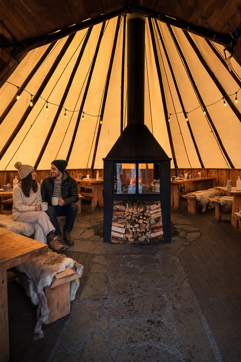 Interior of large canvas tent with central fireplace