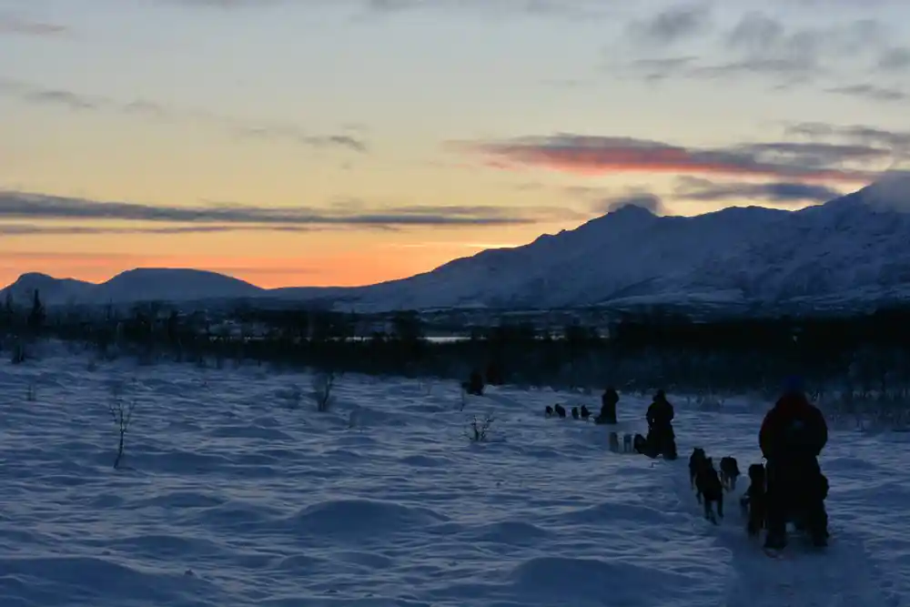 Musher and sled dogs crossing frozen landscape at sunset with mountains